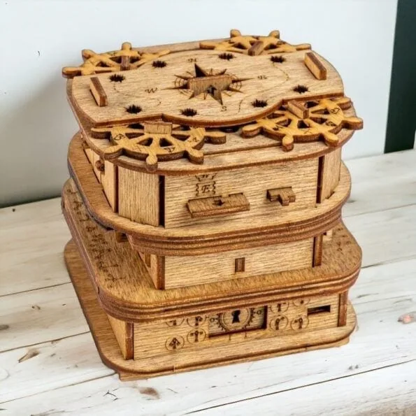 Intricate wooden mechanical puzzle box featuring gears, locks, and moving parts, designed for educational and decorative purposes.
