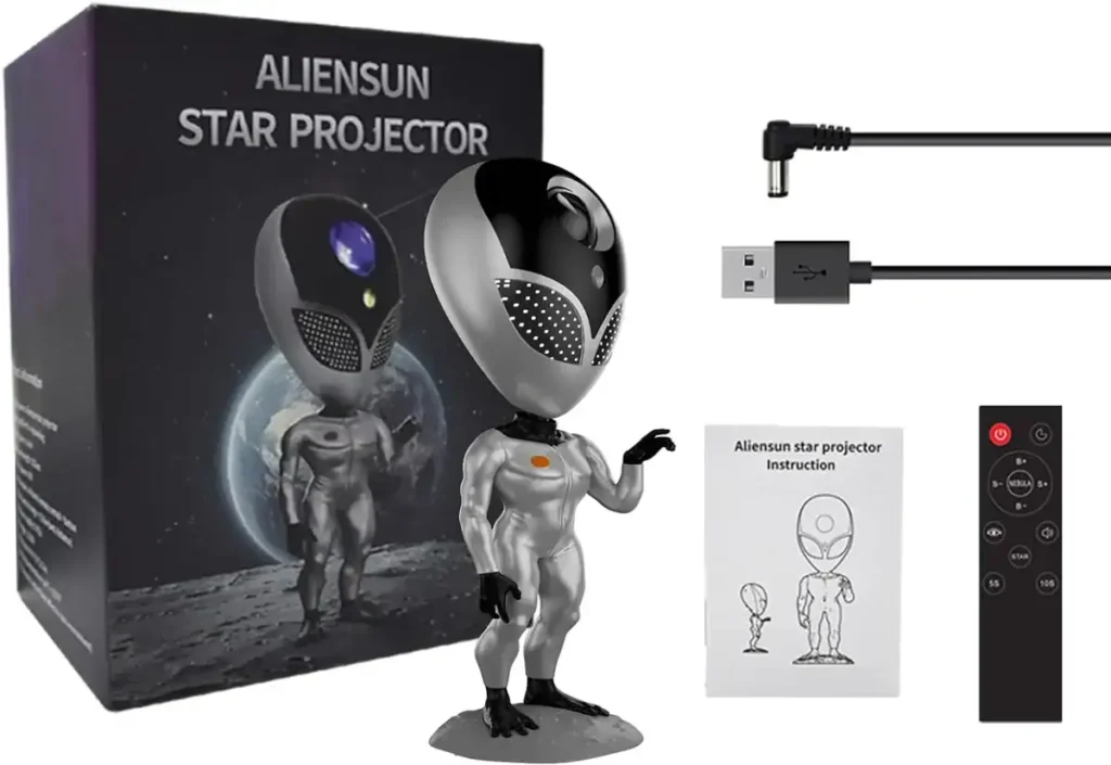 Alien Sun Star Projector with remote control, USB power cable, and instruction manual, designed for space-themed decor and educational entertainment.