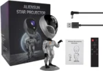 Alien Sun Star Projector with remote control, USB power cable, and instruction manual, designed for space-themed decor and educational entertainment.