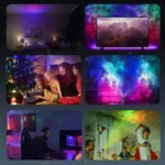 A starry sky projector illuminating a bedroom with colorful galaxy patterns on the ceiling and walls.