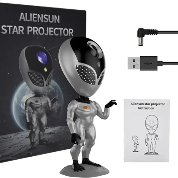 Alien Sun Star Projector with remote control, USB power cable, and instruction manual, designed for space-themed decor and educational entertainment.