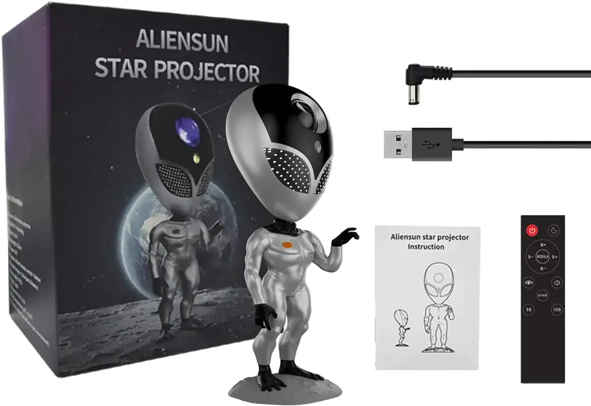 Alien Sun Star Projector - Space Decor & Educational Toy Alien Sun Star Projector with remote control, USB power cable, and instruction manual, designed for space-themed decor and educational entertainment.
