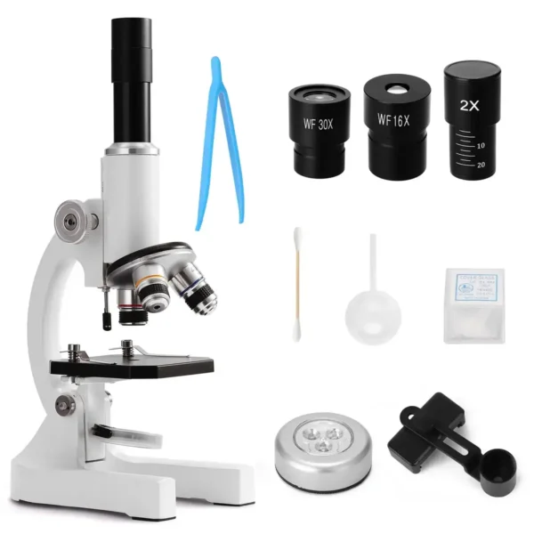 Microscope science kit with multiple lenses, tweezers, and sample containers for educational science experiments and learning.