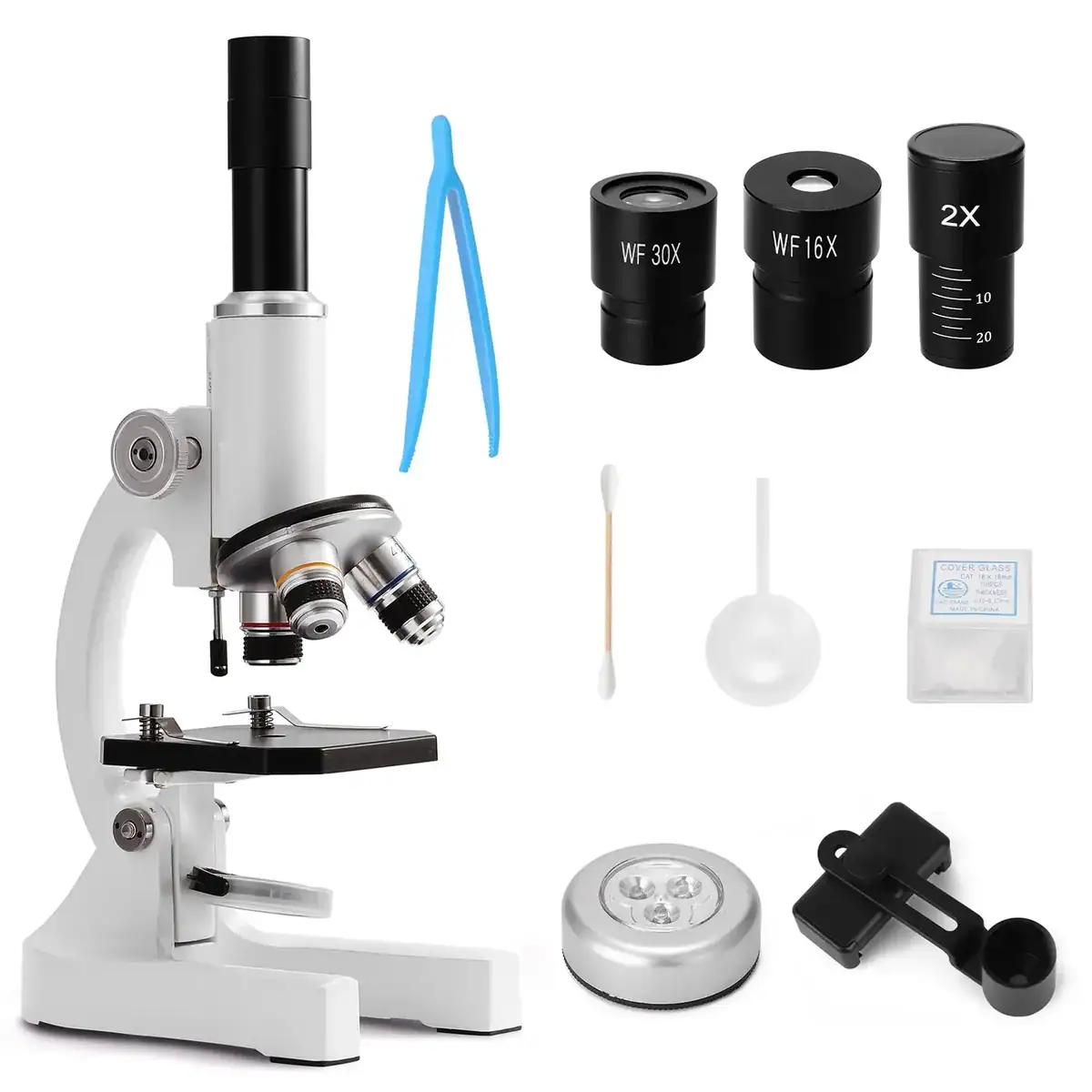 Microscope Science Kit with Accessories for Education and Experiments Microscope science kit with multiple lenses, tweezers, and sample containers for educational science experiments and learning.