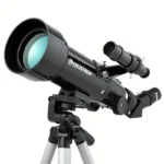 Celestron telescope for astronomy and educational use, featuring a sleek black design with adjustable tripod for stargazing and learning about celestial objects.