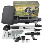 High-quality Celestron travel scope with tripod, eyepieces, and accessories for astronomy enthusiasts. Compact, lightweight, and perfect for stargazing on the go.