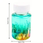 Colorful chemical reaction in a small glass bottle with a white cap, showcasing vibrant swirling colors and patterns.