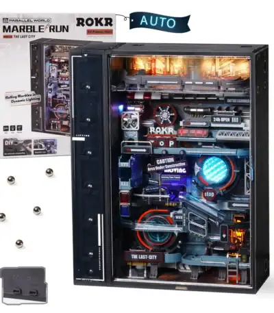 Interactive marble run with dynamic lighting and mechanical components, perfect for educational science play and STEM learning.
