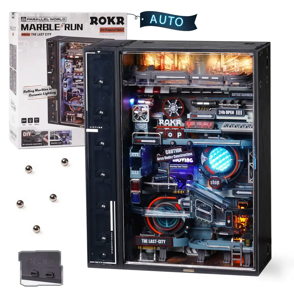 Marble Run Science Toy with Dynamic Lighting Interactive marble run with dynamic lighting and mechanical components, perfect for educational science play and STEM learning.