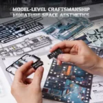 Hands assembling a detailed miniature spacecraft model with various parts and tools, showcasing model craftsmanship and space aesthetics.