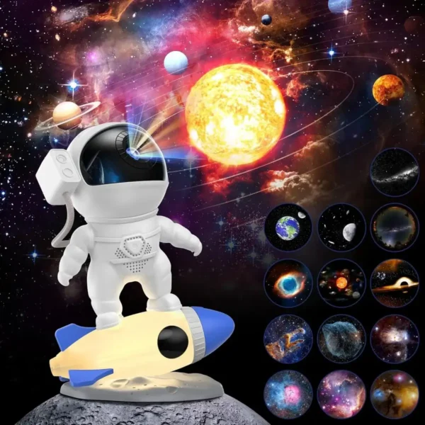 Cute space-themed robot figure standing on a rocket model with a cosmic background featuring planets and stars. Perfect for science decor and educational toys.