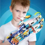 Child holding a robotic hand toy with detailed mechanical fingers, showcasing a science and educational gadget for kids interested in robotics and STEM learning.