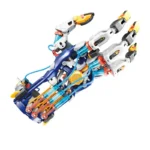 A detailed robotic hand educational toy with articulated fingers, colorful components, and mechanical joints, designed for science and engineering learning.