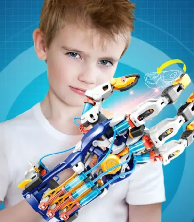 Child holding a robotic hand toy with detailed mechanical fingers, showcasing a science and educational gadget for kids interested in robotics and STEM learning.