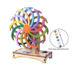 Interactive spinning art toy with vibrant colors and paint brushes, designed for children to create dynamic, colorful patterns through movement and painting.