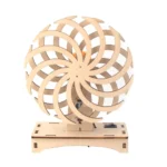 Wooden wind spinner toy with multiple curved blades arranged in a circular pattern, designed for educational and decorative purposes.