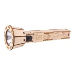 Wooden flashlight model featuring circuit and electrical symbols engraved on its surface, showcasing a blend of science and craftsmanship.