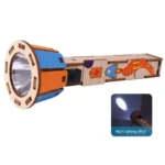 Wooden rocket science toy with colorful illustrations and night lighting effect, designed for educational play and STEM learning.