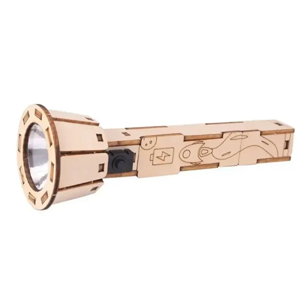 Wooden flashlight model featuring circuit and electrical symbols engraved on its surface, showcasing a blend of science and craftsmanship.