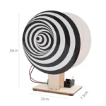 A black and white spiral pattern on a spherical object with dimensions 18cm in height and 10cm in diameter, mounted on a wooden base with wires and a switch.