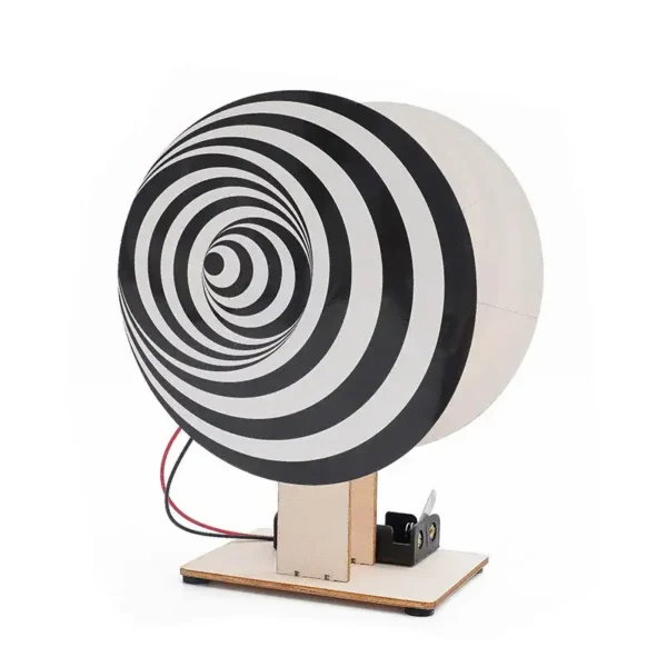 Optical illusion spinning disc with black and white spiral pattern for science experiments and decor.