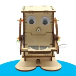 Wooden robot face toy with googly eyes, a small nose, and a smiling mouth, designed for educational and decorative purposes in science-themed spaces.