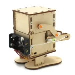 Wooden robot model with mechanical arms and motor, ideal for science education, STEM projects, and science-themed decor.
