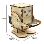Educational robot kit for STEM learning, robotics, and engineering projects, made of wood with movable joints, sensors, and mechanical parts for hands-on experimentation.