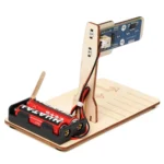 Educational robot arm kit powered by batteries, designed for STEM projects and science experiments, featuring a wooden base and electronic components.