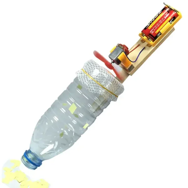 Water bottle rocket science experiment kit for educational and STEM activities. Includes a plastic bottle, pump, and launch mechanism for hands-on learning.