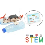 Robotics science kit with plastic bottle and electronic components for STEM learning.
