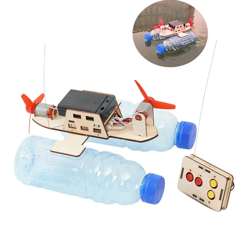 Water Bottle Robot with Propellers and Remote Control DIY water bottle robot with propellers, remote control, and electronic components, demonstrating basic robotics and engineering principles for educational purposes.