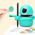 A playful drawing robot holding a pen, creating a simple outline of a pencil on paper, surrounded by colorful educational flashcards with symbols and numbers.