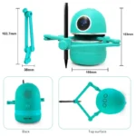 A small turquoise robot camera with a spherical head, adjustable arms, and a stylus pen, designed for educational and science decor purposes. Includes a remote control and additional parts for interac.
