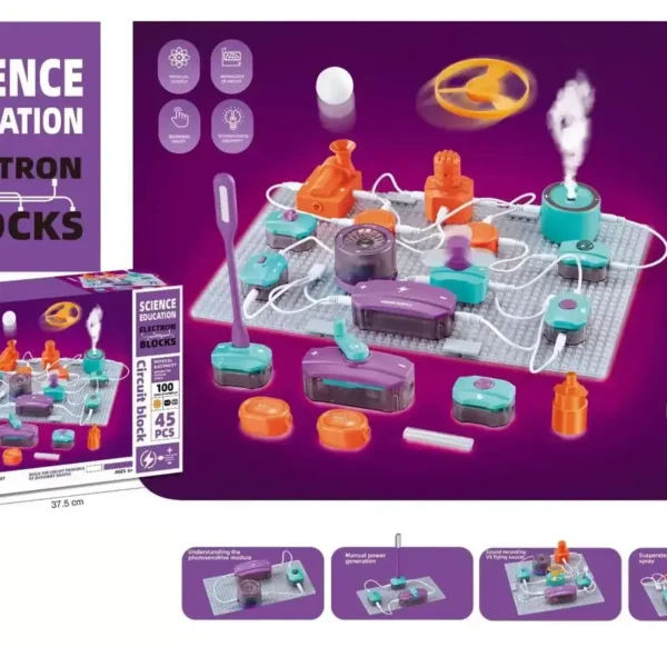 Jeu de circuit électrique éducatif pour enfants de 6 ans, comprenant 45 pièces pour apprendre l'électricité de manière ludique.