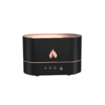Modern black aromatherapy diffuser with a glowing flame icon, featuring adjustable timer settings of 1h, 3h, and 5h, and a power button for easy operation.