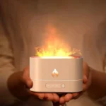Modern aromatherapy diffuser with a fire effect, emitting warm, flickering flames, creating a cozy and relaxing atmosphere in any room.