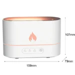 Modern ultrasonic humidifier with flame icon, compact design, and adjustable settings for home or office use.
