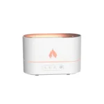 Aromatherapy essential oil diffuser with a sleek white and rose gold design, featuring a flame icon and adjustable timer settings for 1h, 3h, and 5h.