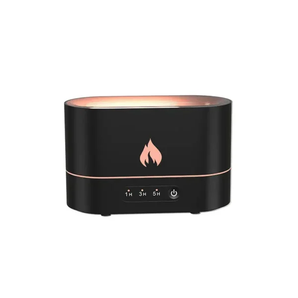 Modern black aromatherapy diffuser with a glowing flame icon, featuring adjustable timer settings of 1h, 3h, and 5h, and a power button for easy operation.