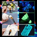 Butterfly-shaped paintbrushes glowing under UV light, used for creating luminous art on various surfaces.