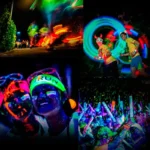 Vibrant glow stick light show with children and adults enjoying colorful illuminated activities at night.