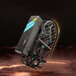A detailed image of a futuristic Mars rover model with a sleek black design, illuminated blue accents, and a sturdy metal frame, set against a Martian landscape background.