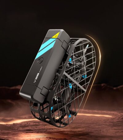 A detailed image of a futuristic Mars rover model with a sleek black design, illuminated blue accents, and a sturdy metal frame, set against a Martian landscape background.