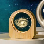 Wooden galaxy spiral night light with glowing galaxy design, perfect for science-themed decor and educational spaces.