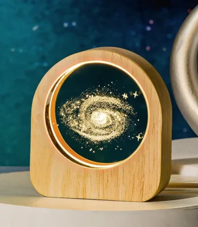 Wooden galaxy spiral night light with glowing galaxy design, perfect for science-themed decor and educational spaces.