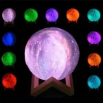 Illuminated moon lamp with multicolor LED lights on a black background, perfect for science decor and educational toys.