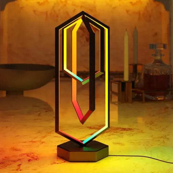 Modern magnetic geometric light sculpture with colorful LED accents, perfect for science decor and educational displays.