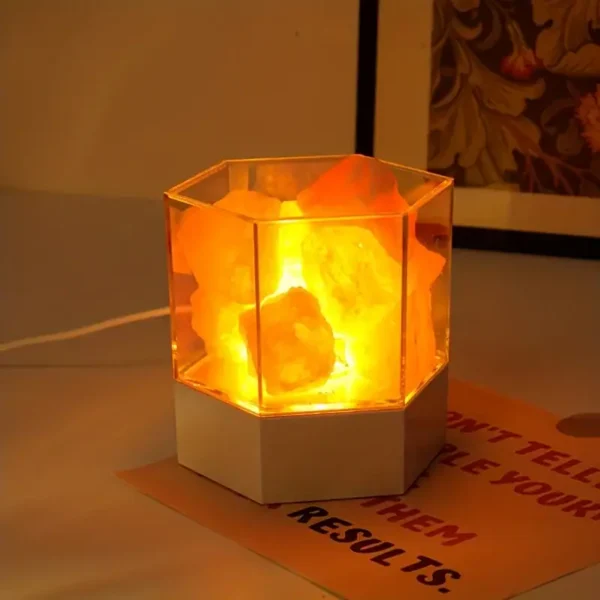 Illuminated rock lamp with glowing orange stones, perfect for science-themed decor and educational displays.