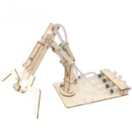 Wooden robotic arm model with tubing and control panel, ideal for science education and STEM projects.